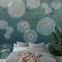Beautiful ocean-inspired mural with gold and petrol jellyfish.


