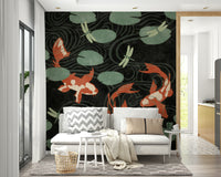 Three Koi Pond Wall Mural featuring koi fish in water.

