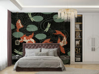 Three koi fish in a peaceful pond mural for a serene room.

