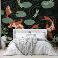 Peaceful wall mural of koi fish swimming in a pond.

