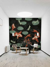 Calming koi pond wallpaper with fish and lush plants.

