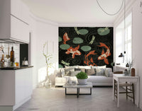 Lush koi pond wall mural for nature-inspired interiors.


