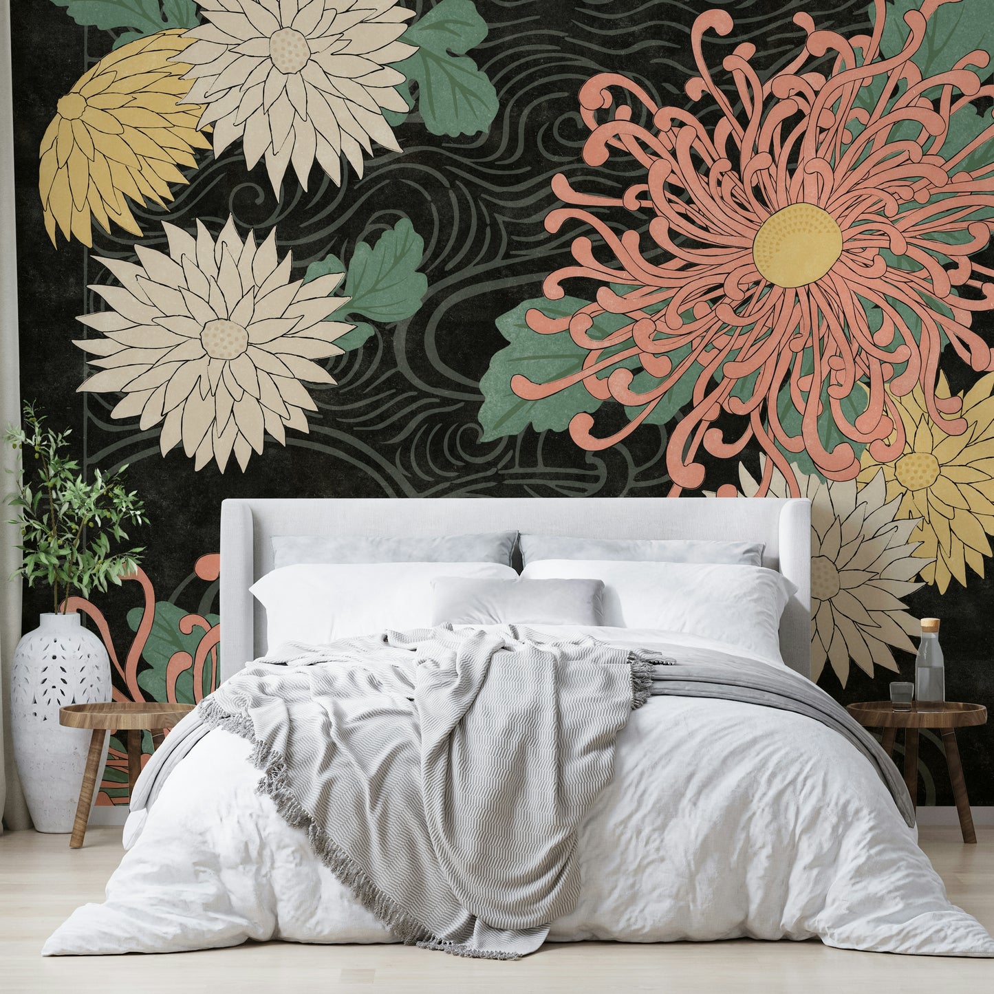 Serene chrysanthemums in a dark background wall mural design.

