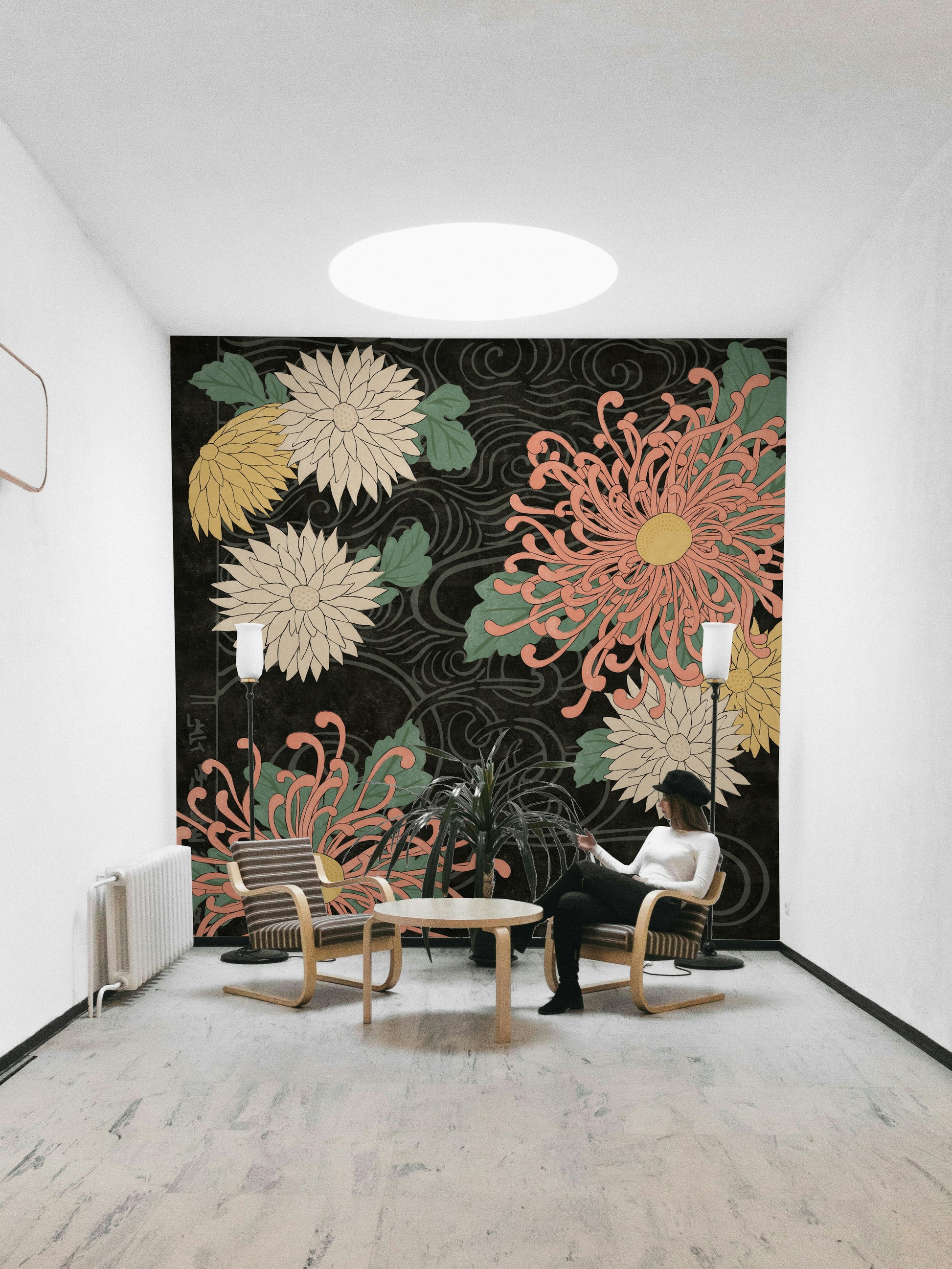 Midnight chrysanthemum wall mural for a luxurious, serene space.

