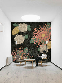 Midnight chrysanthemum wall mural for a luxurious, serene space.


