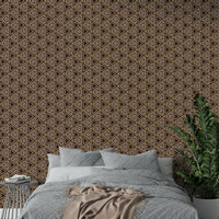 Warm brown tribal wallpaper with intricate geometric shapes.

