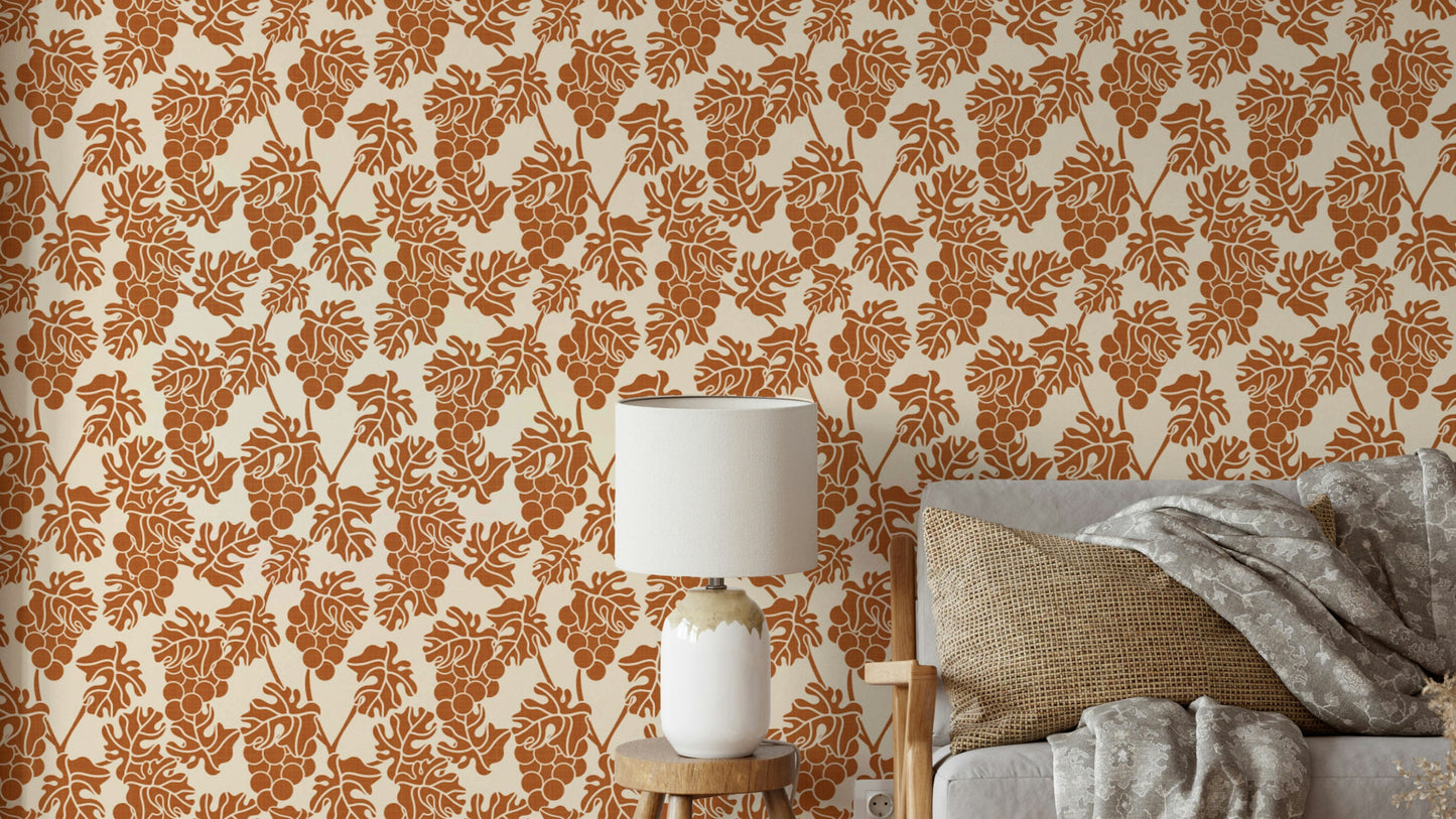 Mediterranean Vineyard Beige Wallpaper with grapevine design.

