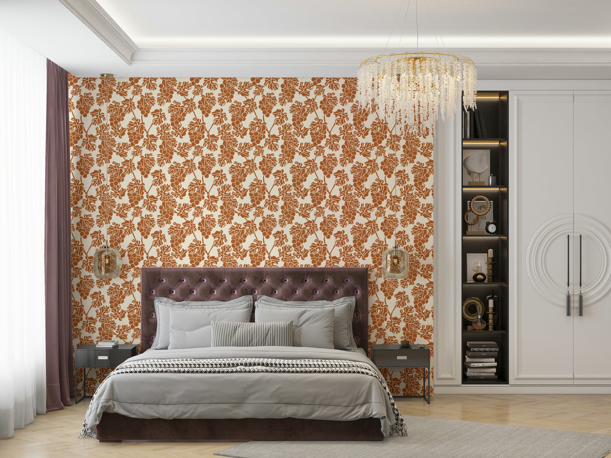 Elegant Mediterranean vineyard wallpaper in neutral tones.

