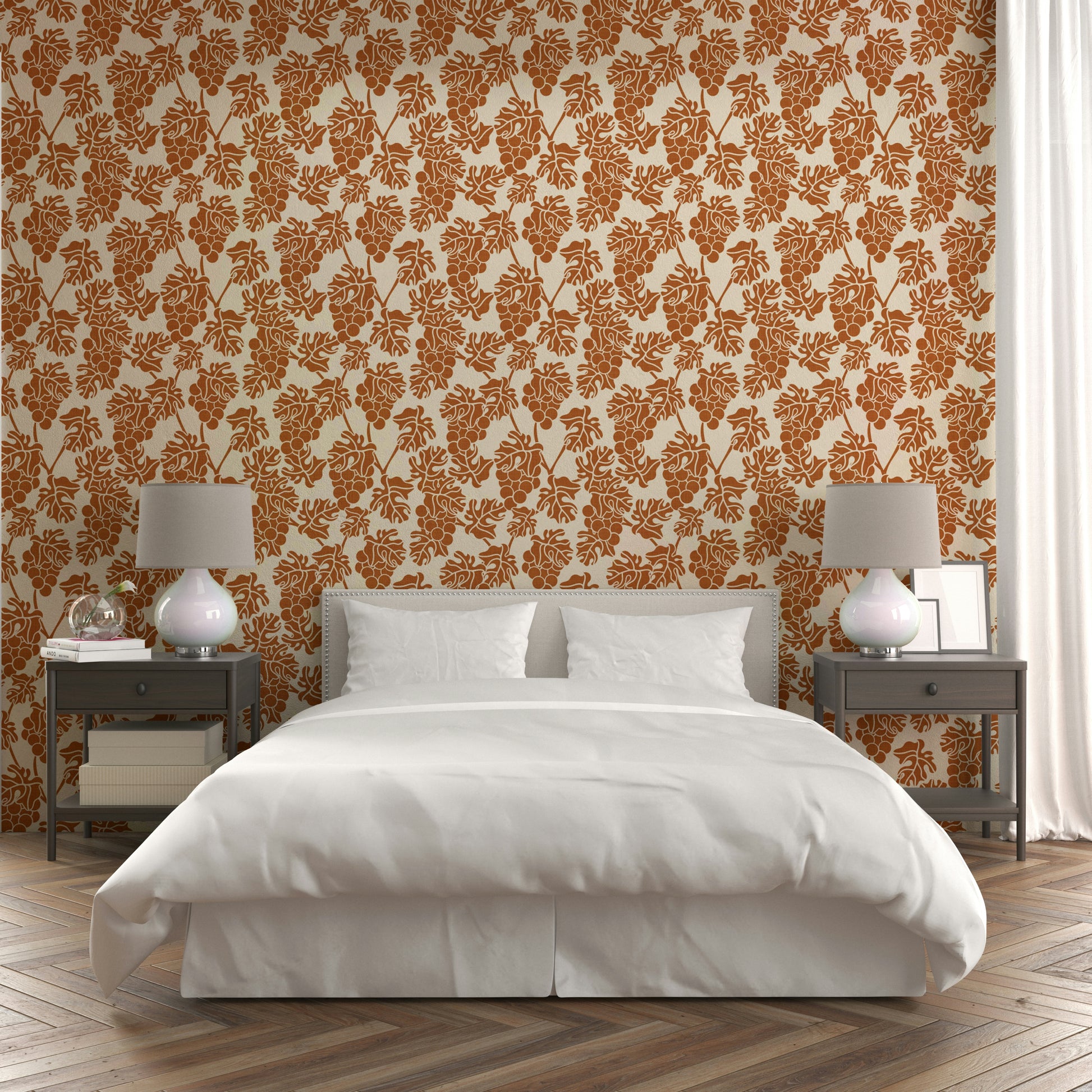 Rustic beige wallpaper featuring grapevine and leaf patterns.

