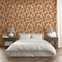 Rustic beige wallpaper featuring grapevine and leaf patterns.

