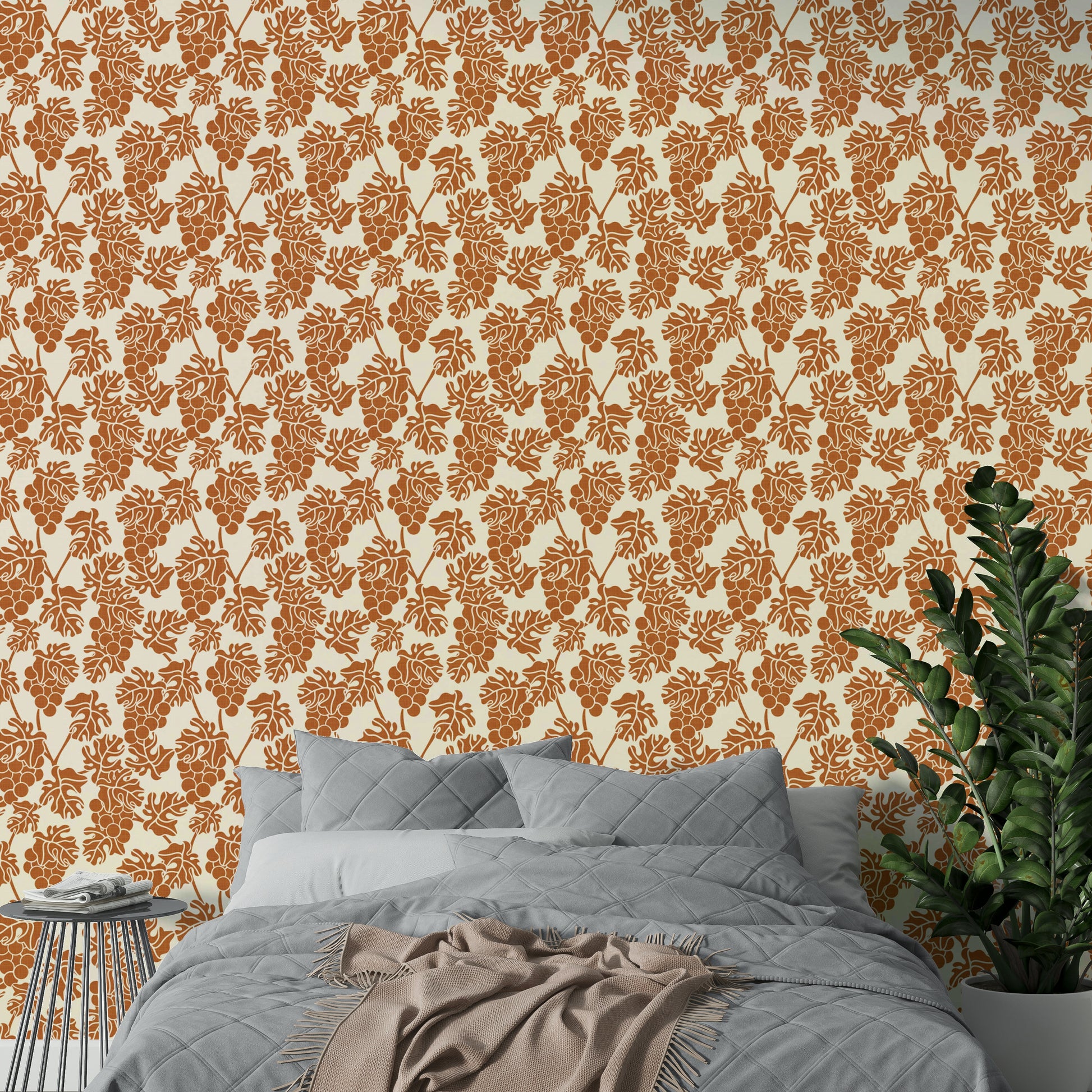 Beige wall mural featuring vineyard and leaf motifs.

