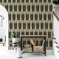 Elegant wine cellar blue wallpaper with geometric design.

