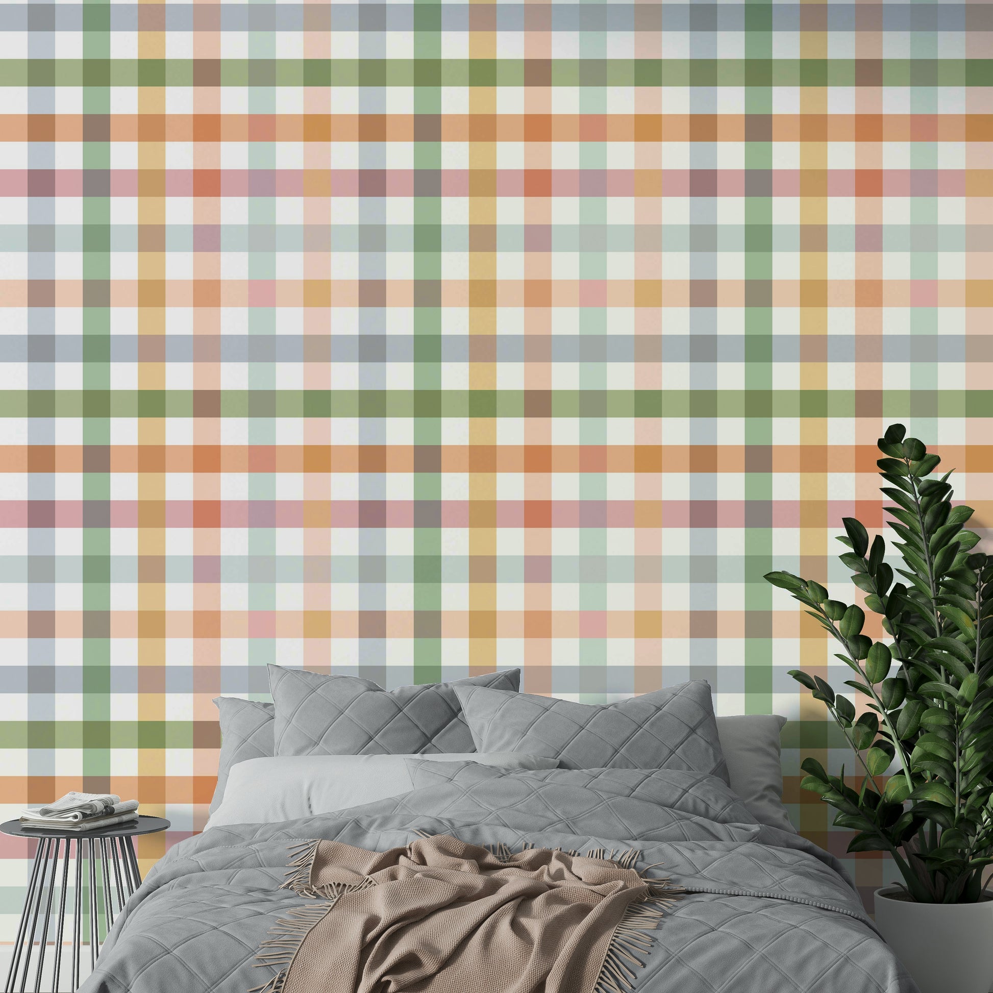 Elegant countryside wallpaper with a gingham design in soft hues.

