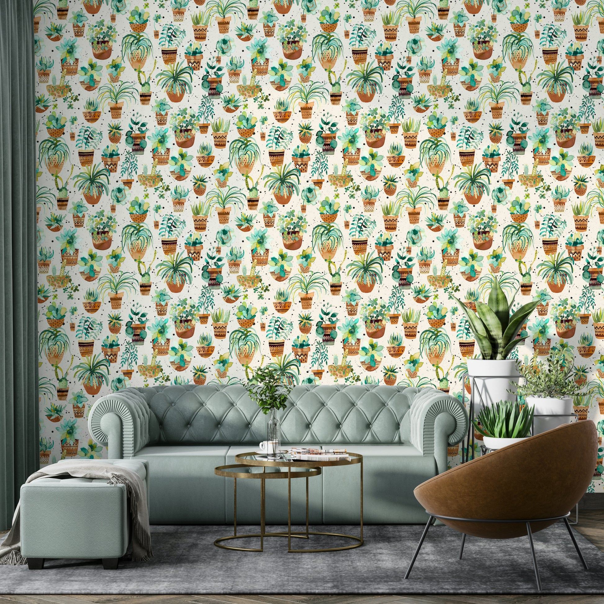 Wallpaper with an array of succulents in elegant pots for a botanical look.

