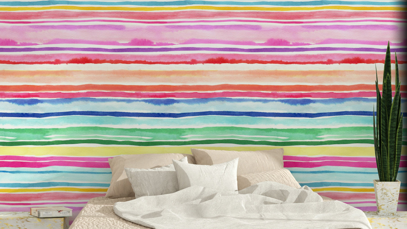Summer Happy Stripes Multicolor Wallpaper with bright coral, yellow, and turquoise stripes.


