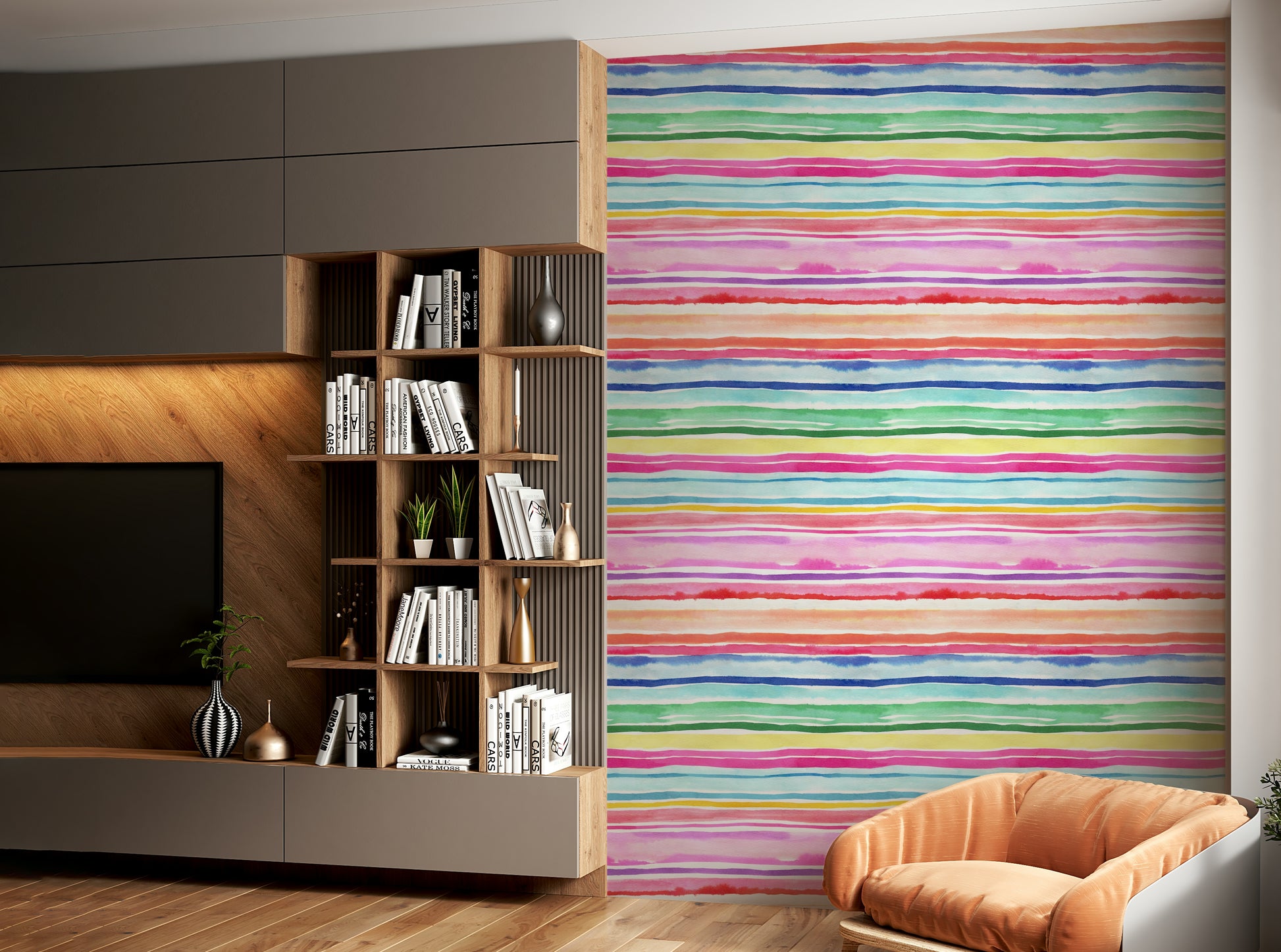 Colorful striped wallpaper featuring vibrant hues and playful patterns.

