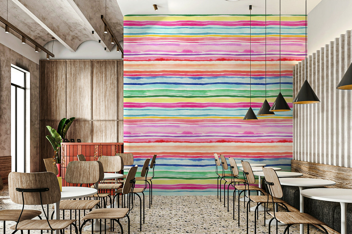 Wallpaper with multi-colored stripes in coral, turquoise, and soft pastels.

