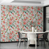 Bright floral mural featuring coral oleander blooms and lush leaves.

