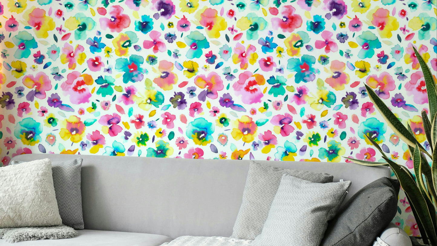 Tropical Colorful Watercolor Bright Flowers Wallpaper with vivid blooms.

