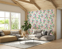 Wallpaper featuring pink flamingos and green jungle foliage.

