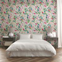 Flamingo wall mural with a tropical pink and green palette.

