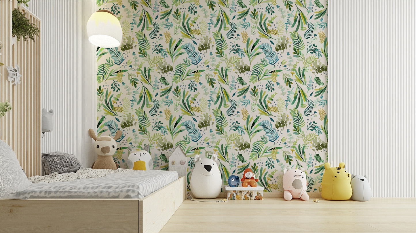 Wallpaper with watercolor olive leaves and natural flow.

