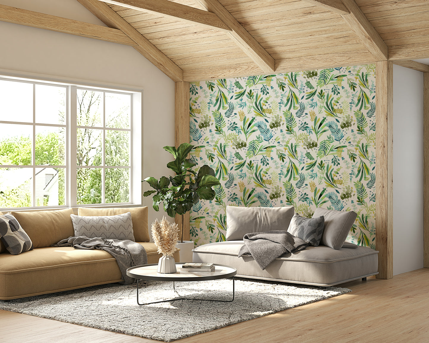 Olive branch wallpaper in a light and airy style.

