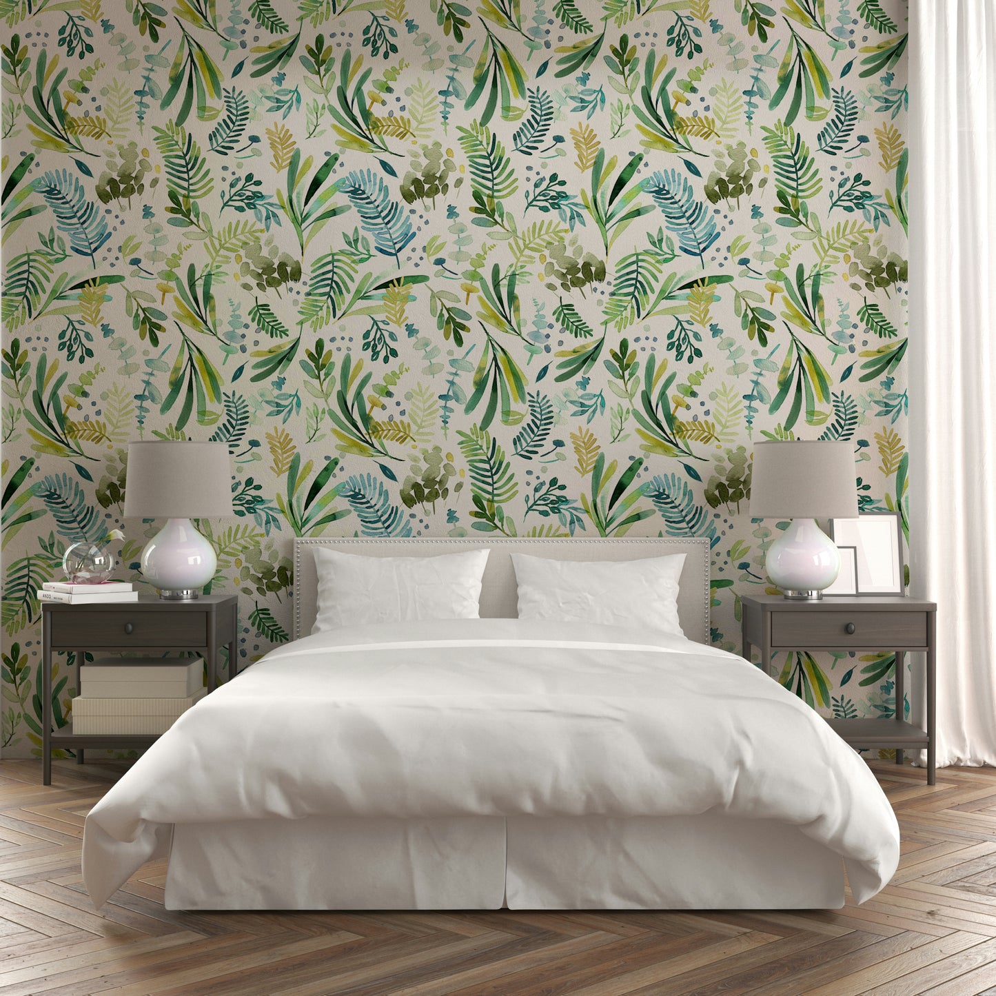Wallpaper with green Tuscan olive leaves for rustic charm.

