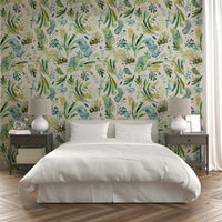 Wallpaper with green Tuscan olive leaves for rustic charm.

