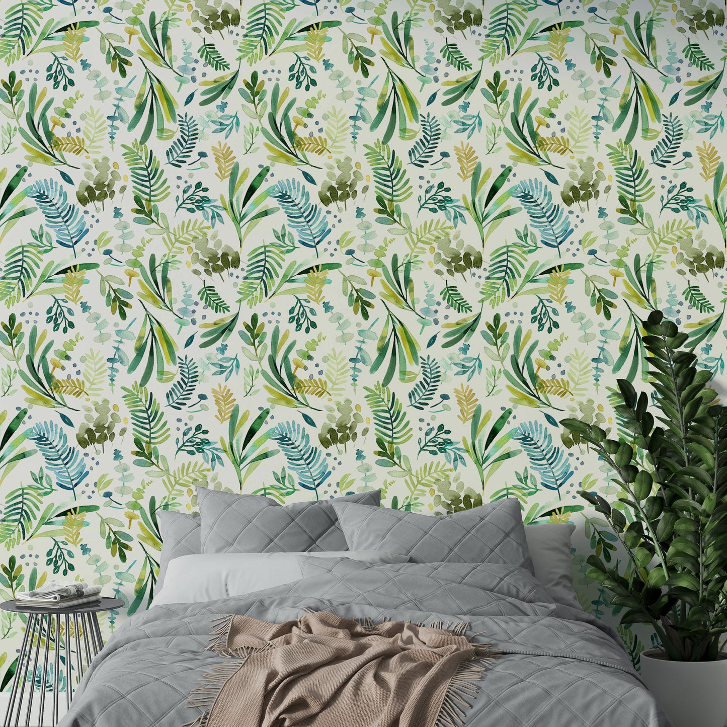 Green botanical mural with subtle leaf patterns for serene spaces.

