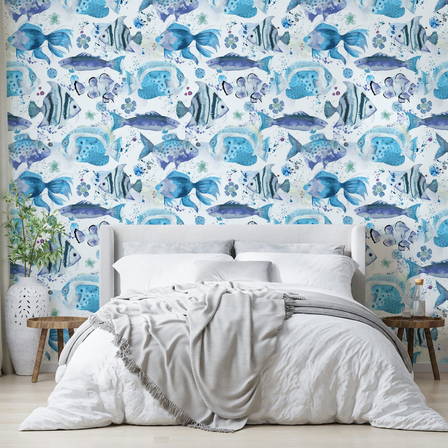 Colorful underwater scene with reef fish and flowing coral shapes.

