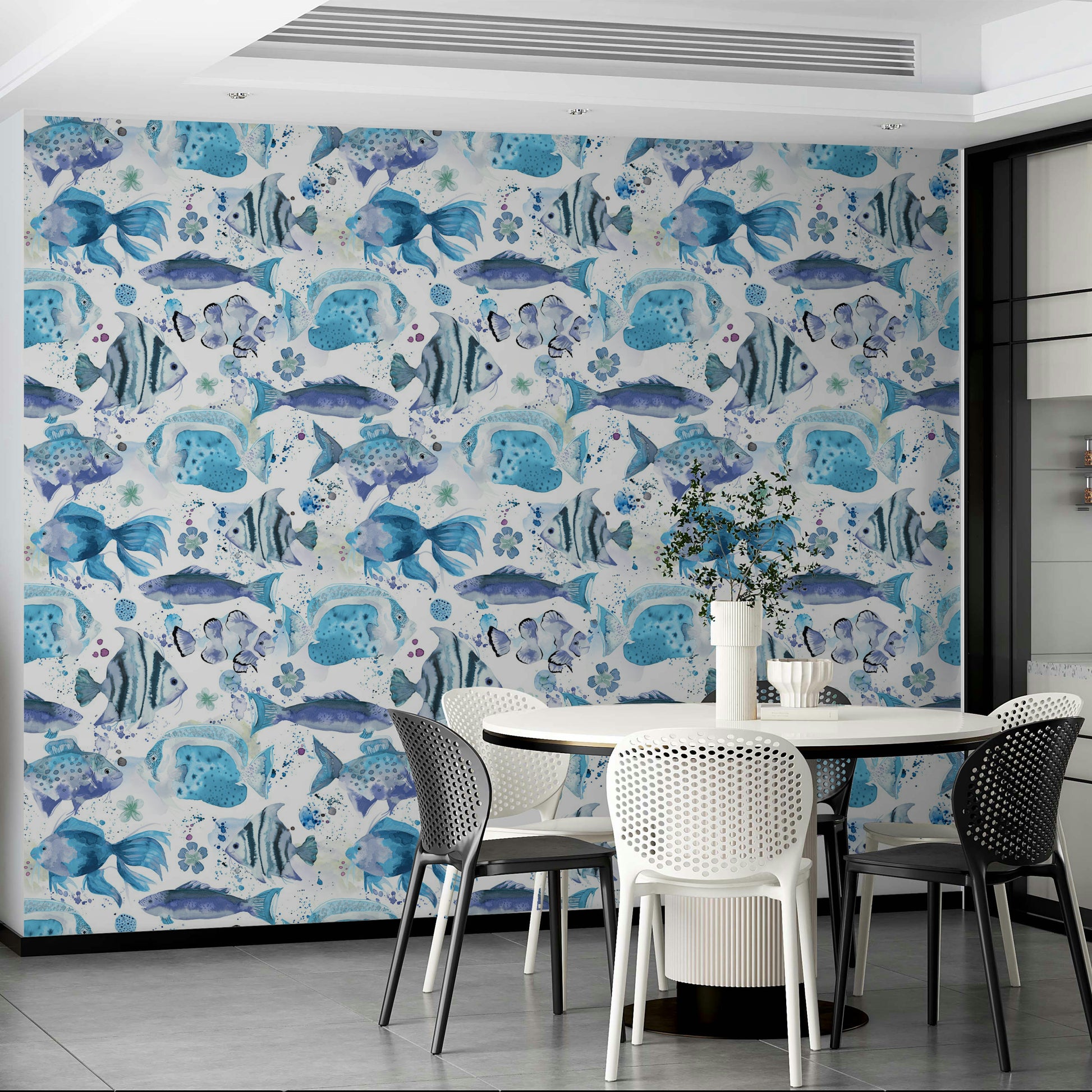 Tropical fish wallpaper perfect for beach-inspired rooms.


