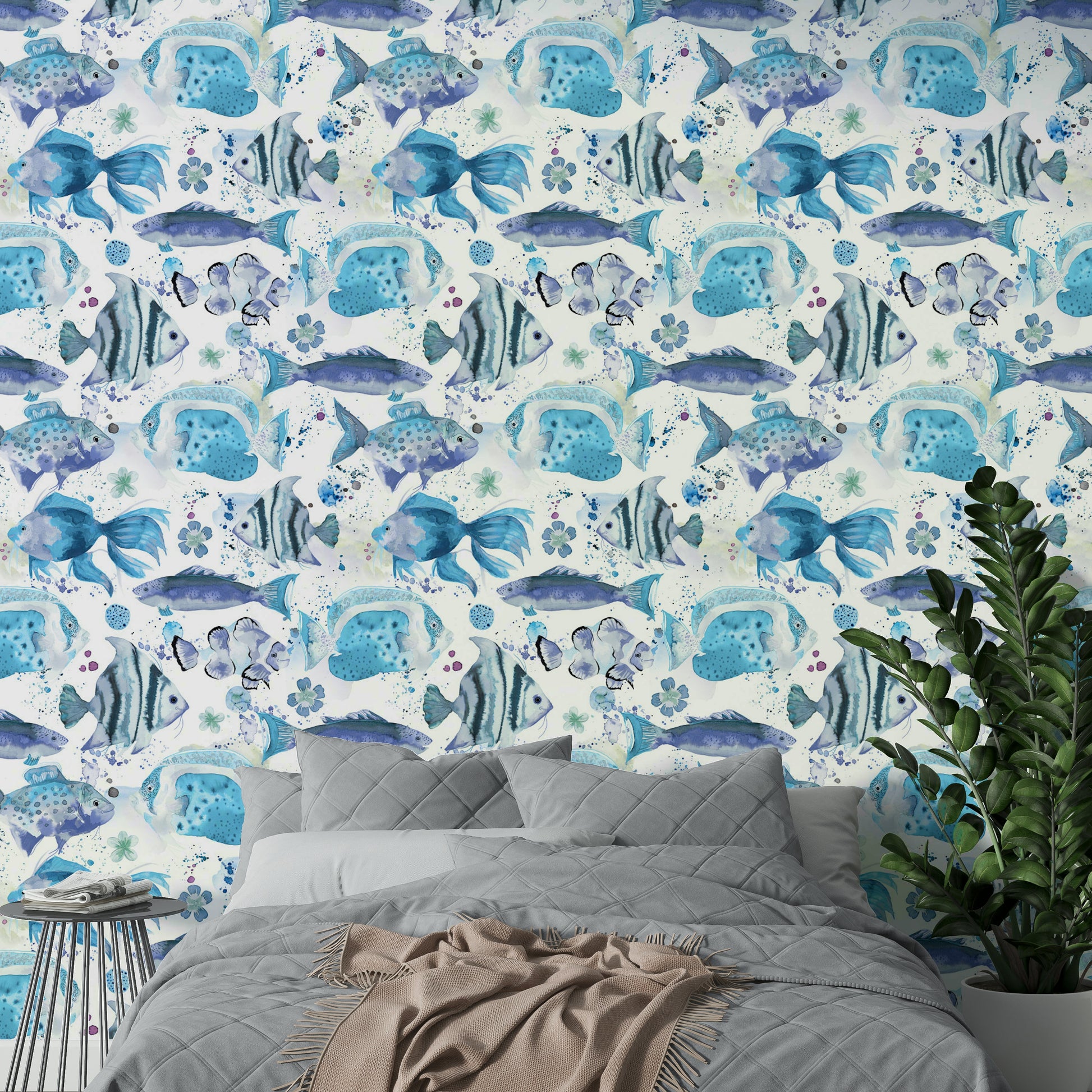 Fun wallpaper design with tropical sea creatures on a blue base.

