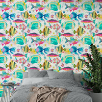 Wallpaper with hand-painted tropical fish swimming through coral reefs.


