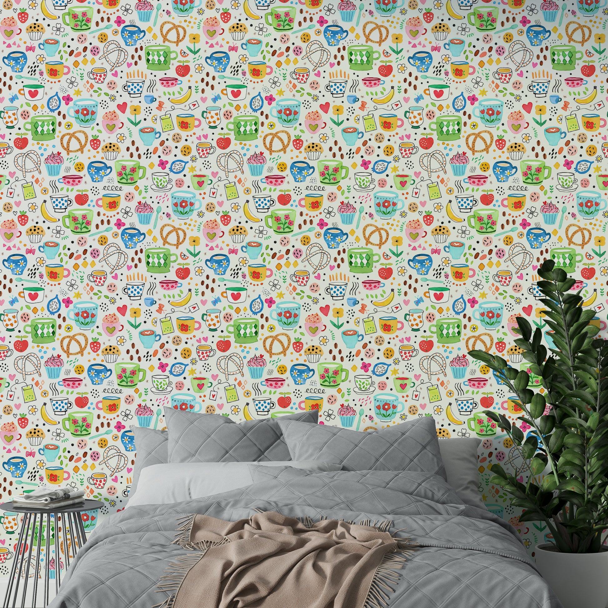 Wallpaper featuring kitchen items like utensils, cups, and herbs.

