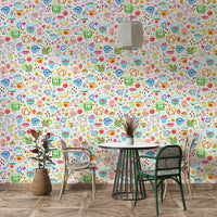 Retro wallpaper showing kitchen accessories in soft tones.

