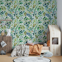 Wallpaper with flowing green leaves in watercolor style.

