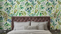 Watercolor Botanical Leaves Wallpaper with soft green leaf patterns.

