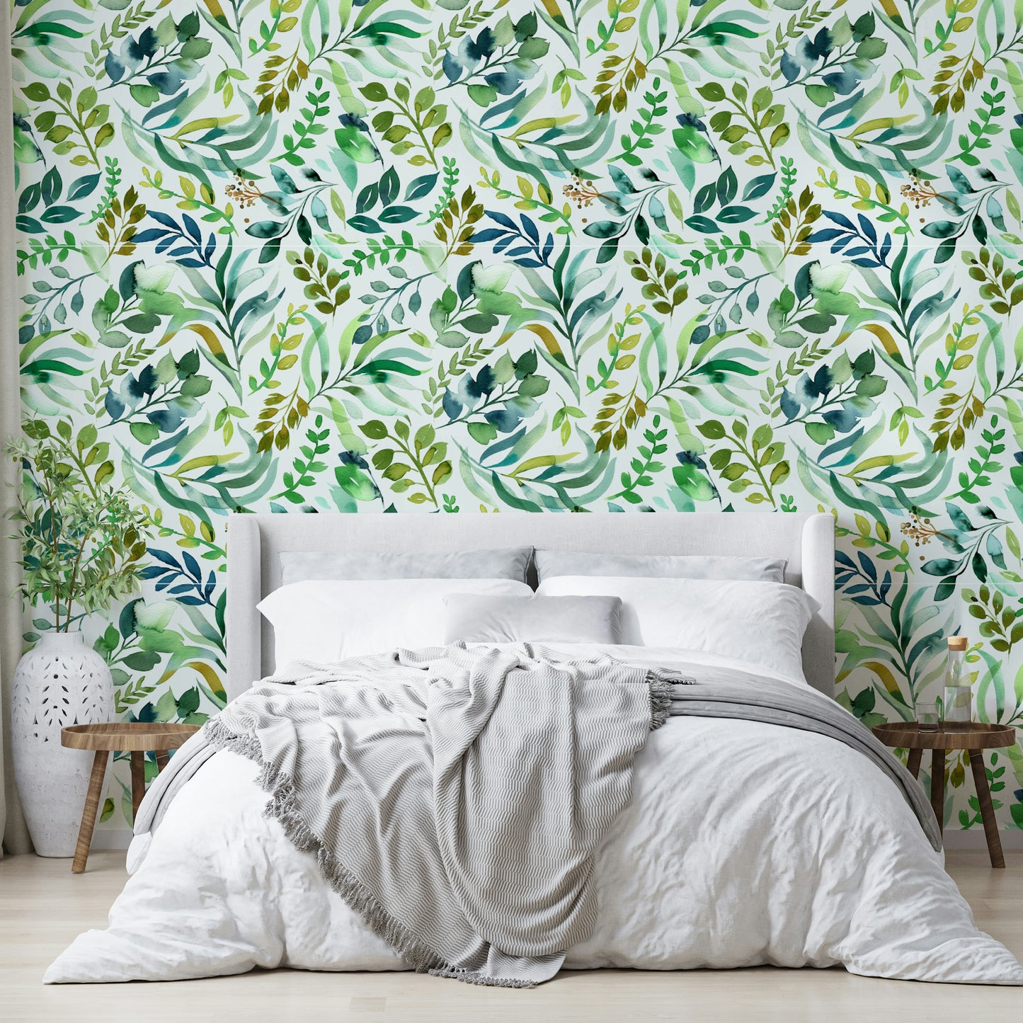 Light and airy leaf wallpaper in a botanical watercolor theme.

