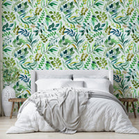 Light and airy leaf wallpaper in a botanical watercolor theme.

