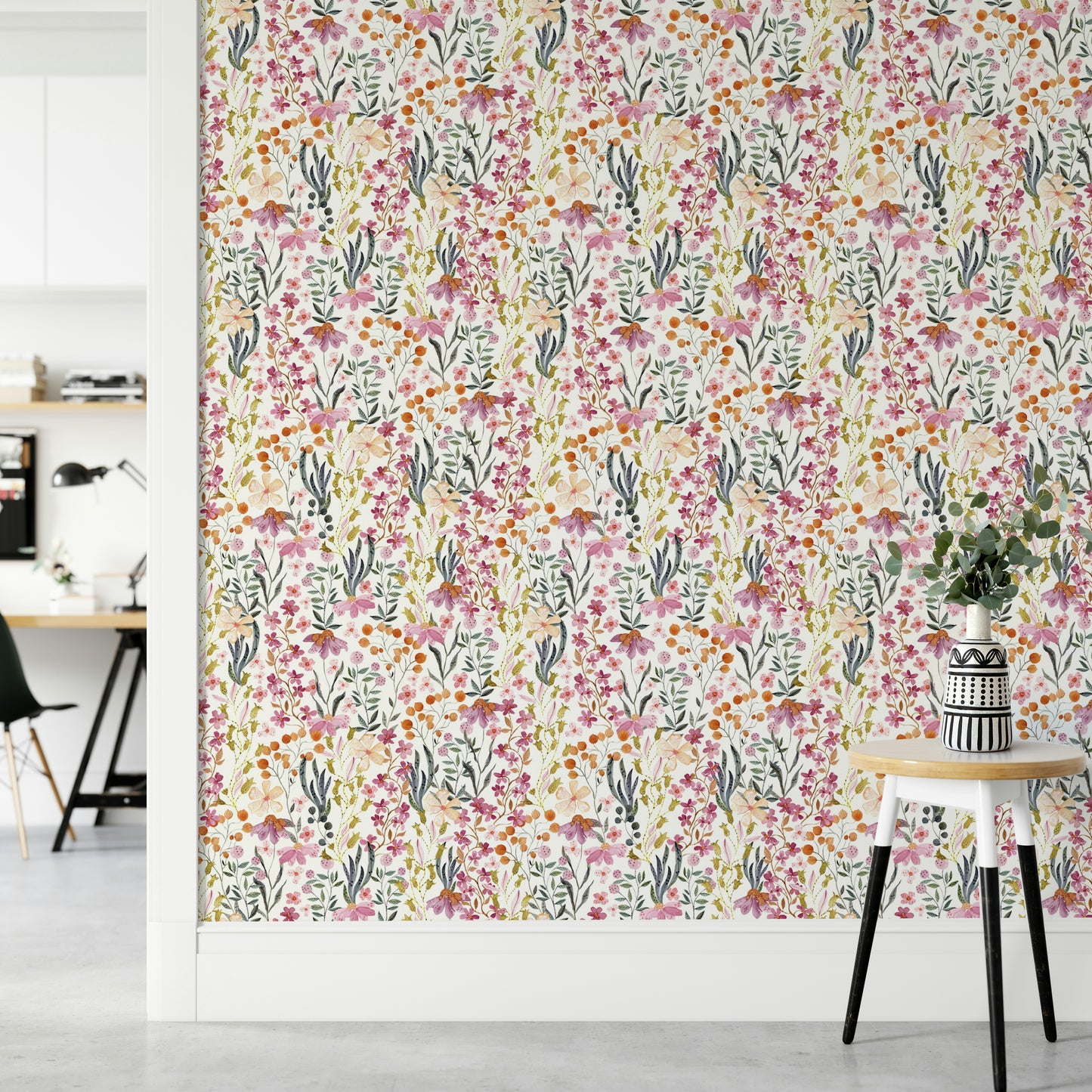 Gentle flower wallpaper in blush and green

