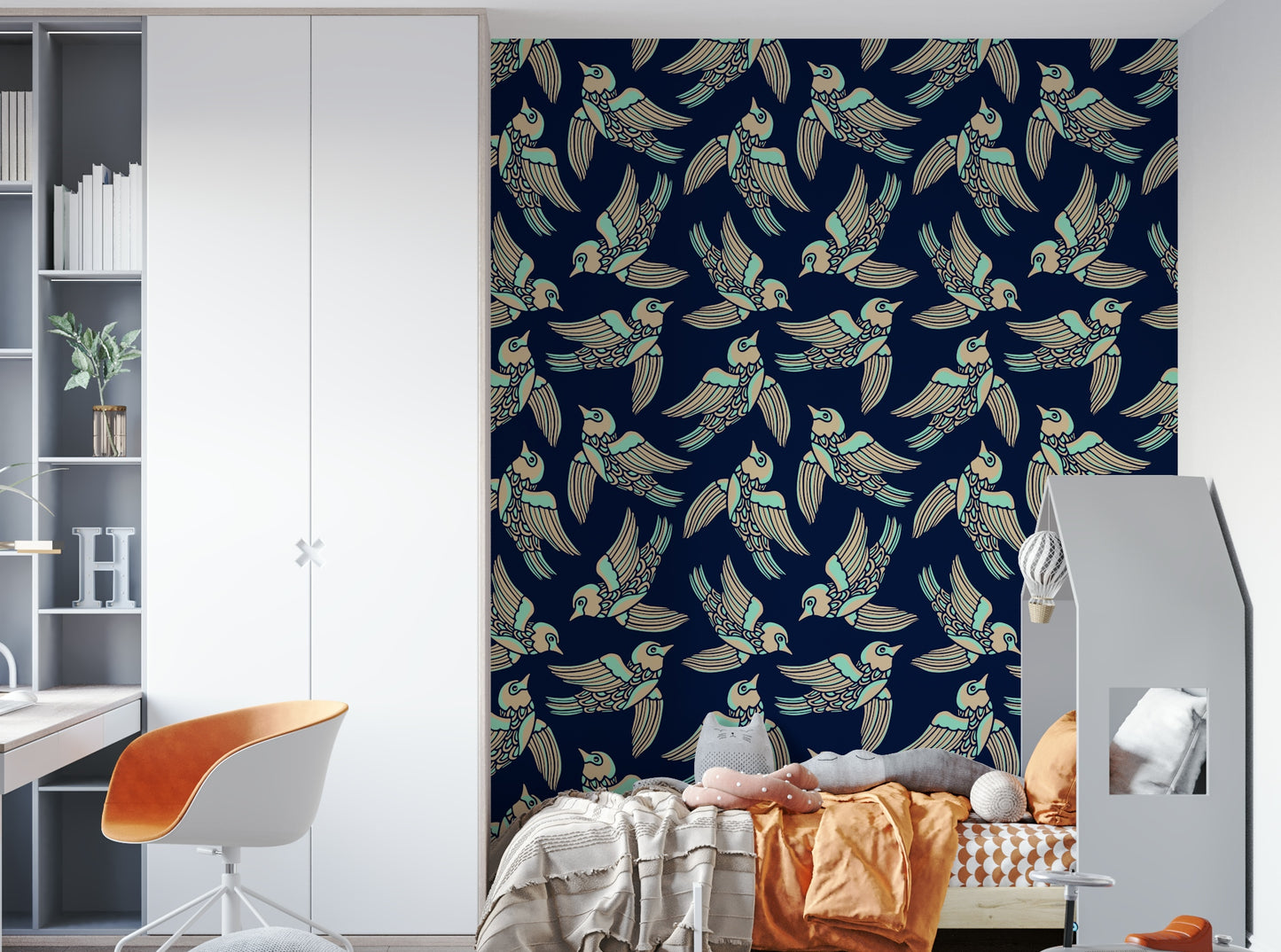 Wallpaper with birds soaring in a peaceful blend of mint, beige, and midnight blue.


