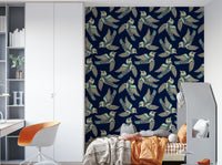 Wallpaper with birds soaring in a peaceful blend of mint, beige, and midnight blue.

