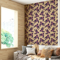Wallpaper with elegant birds flying against a rich fuchsia pink and blue backdrop.

