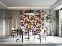 Wallpaper featuring birds in flight against a fuchsia, midnight blue, and beige background.

