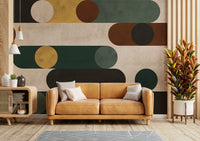 Contemporary wall mural with abstract circles and intersecting lines.

