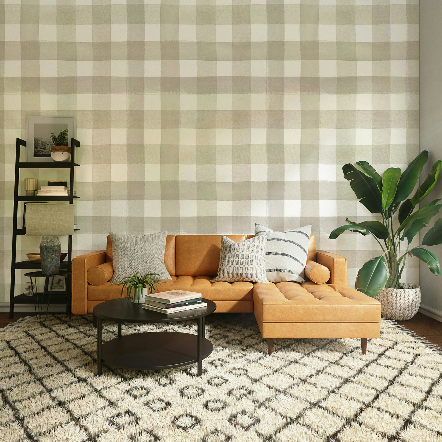 Traditional gingham design with warm beige hues and casual charm.

