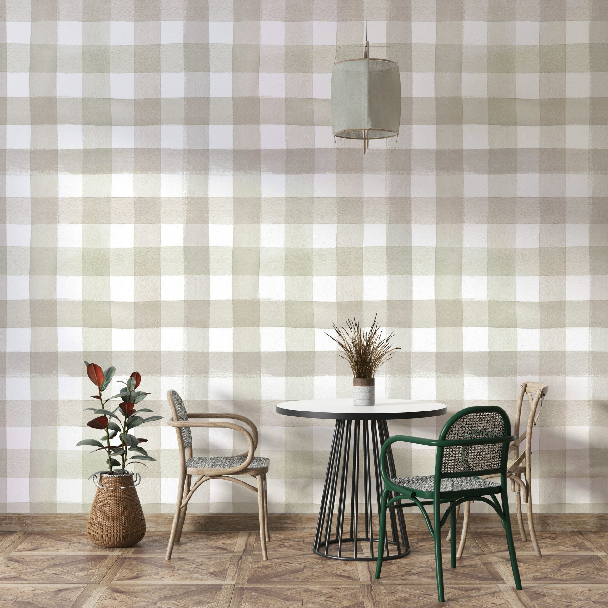 Neutral gingham wallpaper with hand-painted, watercolor effect.

