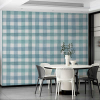 Light blue plaid wallpaper offering soft, classic charm.

