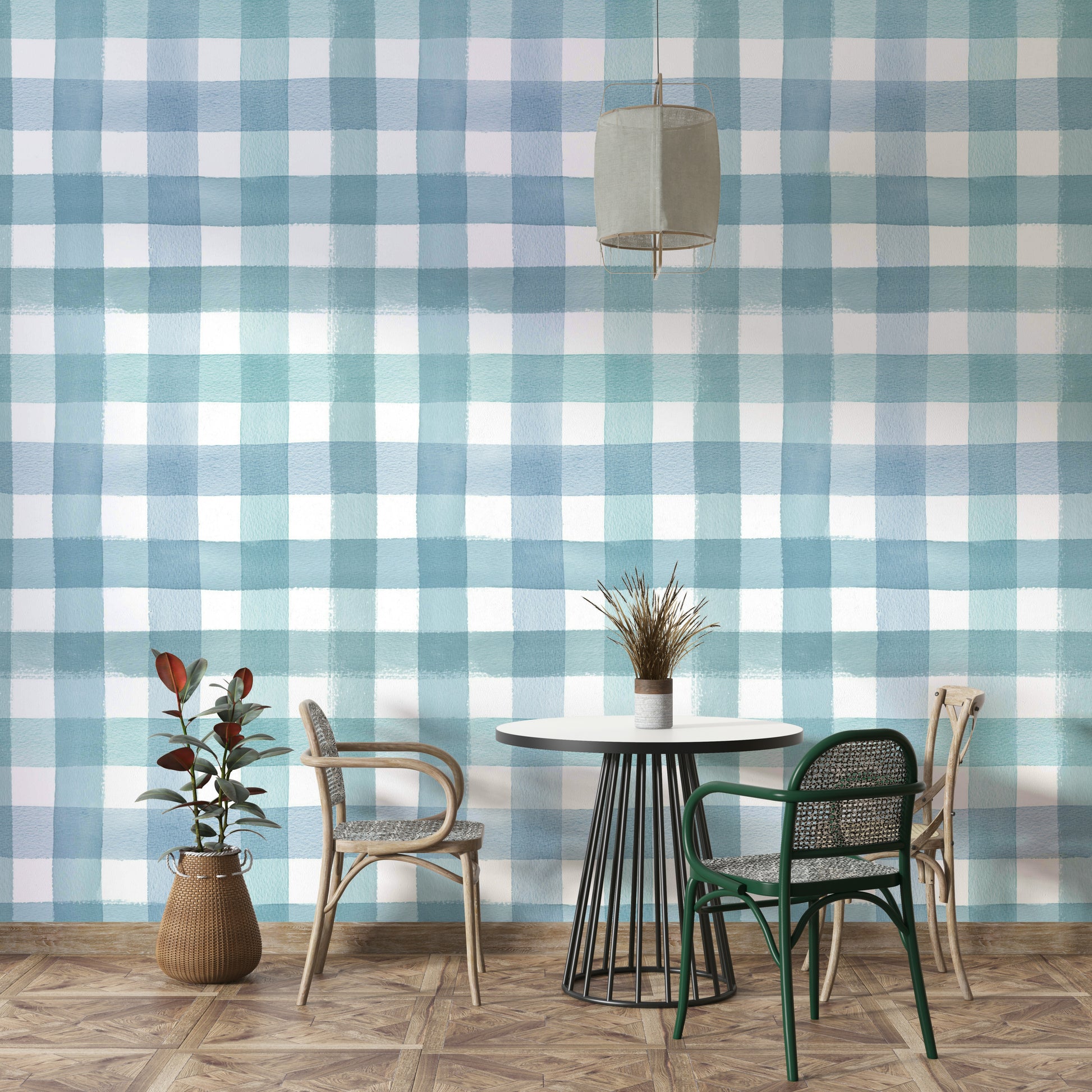 Hand-drawn blue check wallpaper with a cozy, relaxed vibe.


